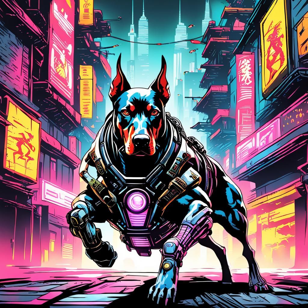 Cyborg Ninja Doberman in Cyberpunk Cityscape