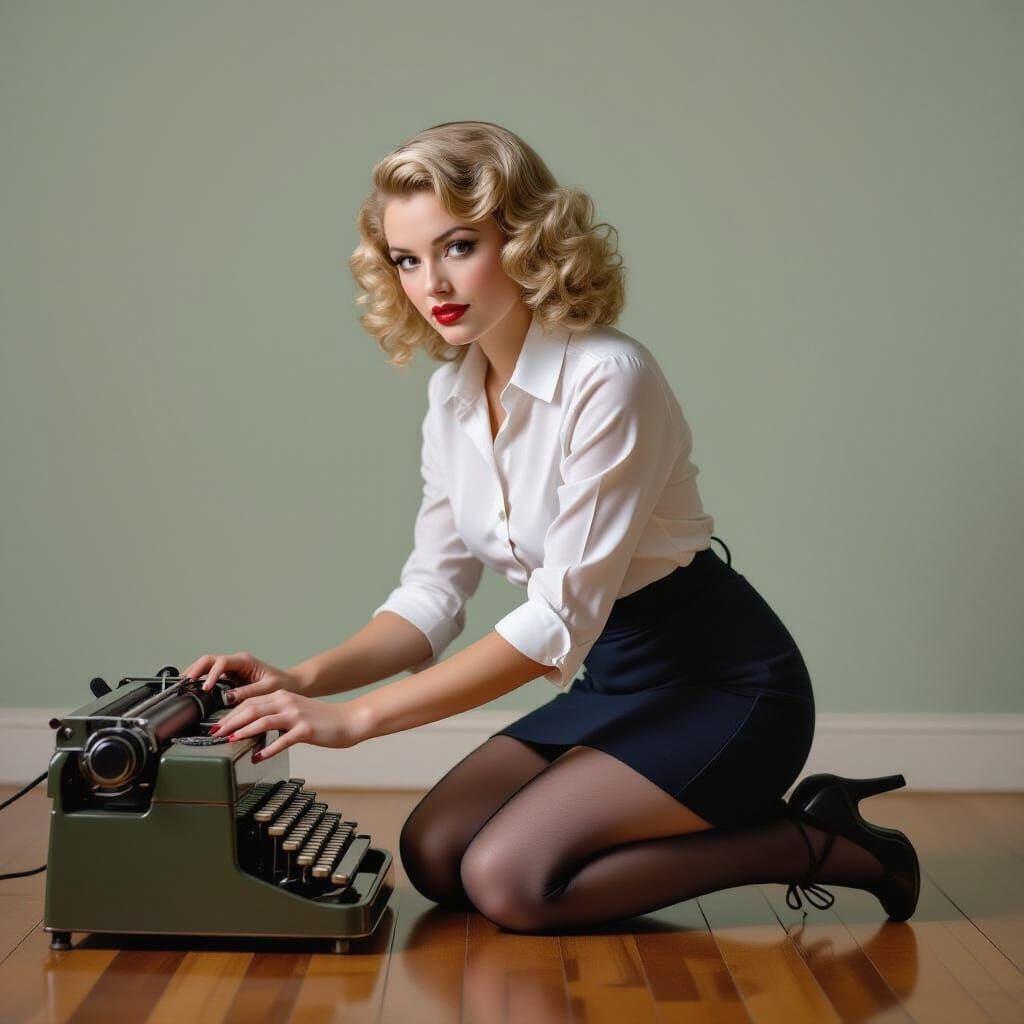 Nostalgic Film Still: Woman Typing on Vintage Typewriter