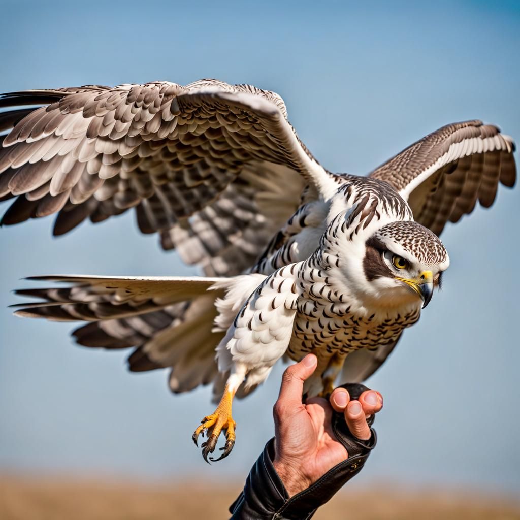 Gyrfalcon Takes Flight From Falconer's Fist