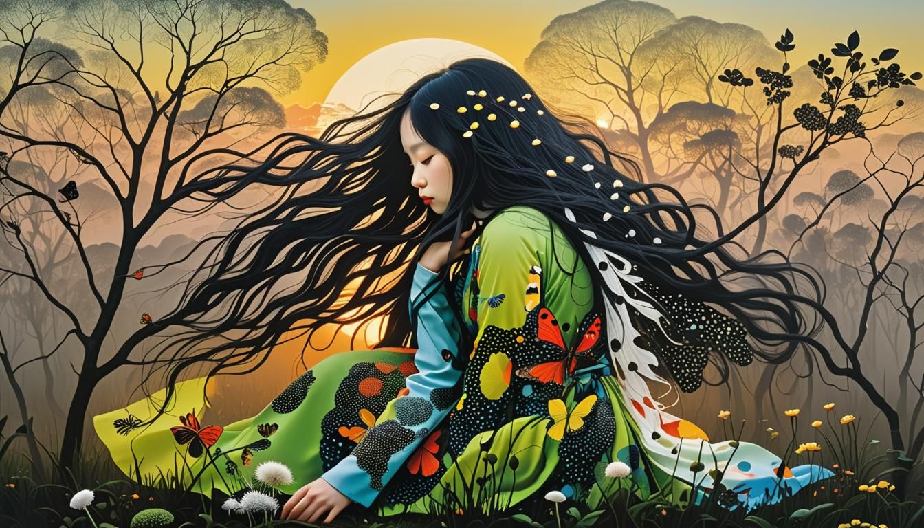 Myth Kneeling at Sunset: A Surreal Collage