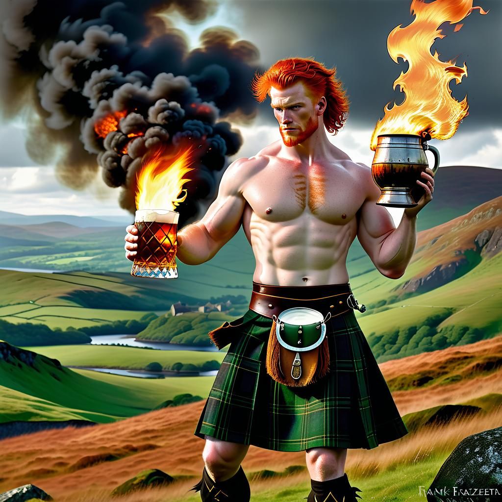 A young Irishman in kilt, fiery ginger hair, shirtless holding a tankard of whiskey, flames burning brightly from the ta...