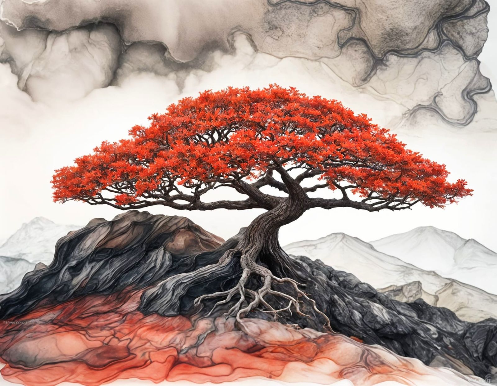 Ethereal Red Coral Tree on Mountainous Terrain