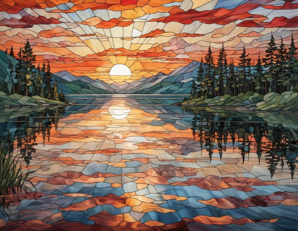 Stained-Glass Sunrise Over Lake with Reflections