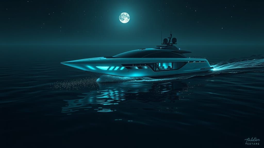Glass Hydrofoil Yacht in Alien Ocean at Night