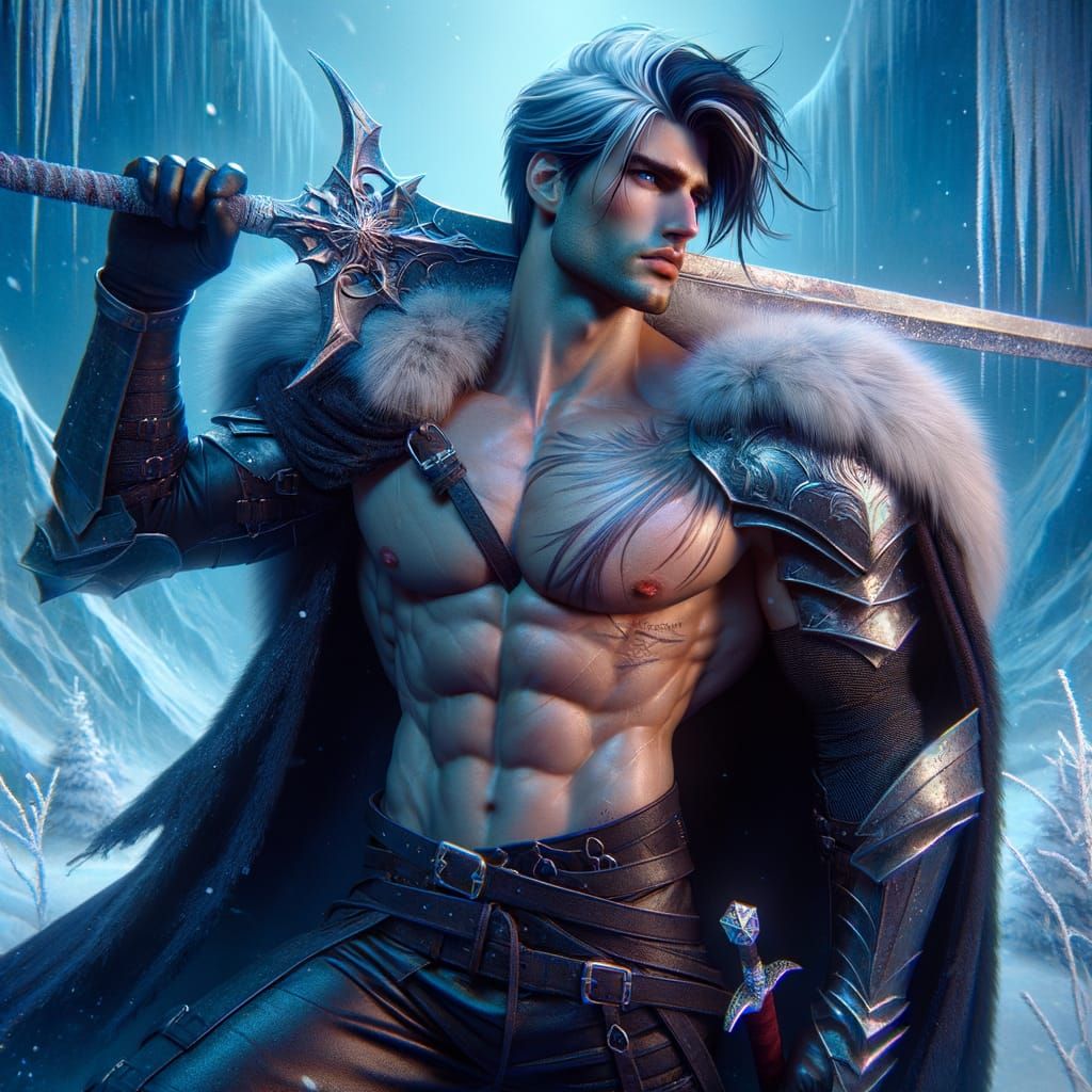 Muscular Warrior Poses with Greatsword in Matte Painting Sty...