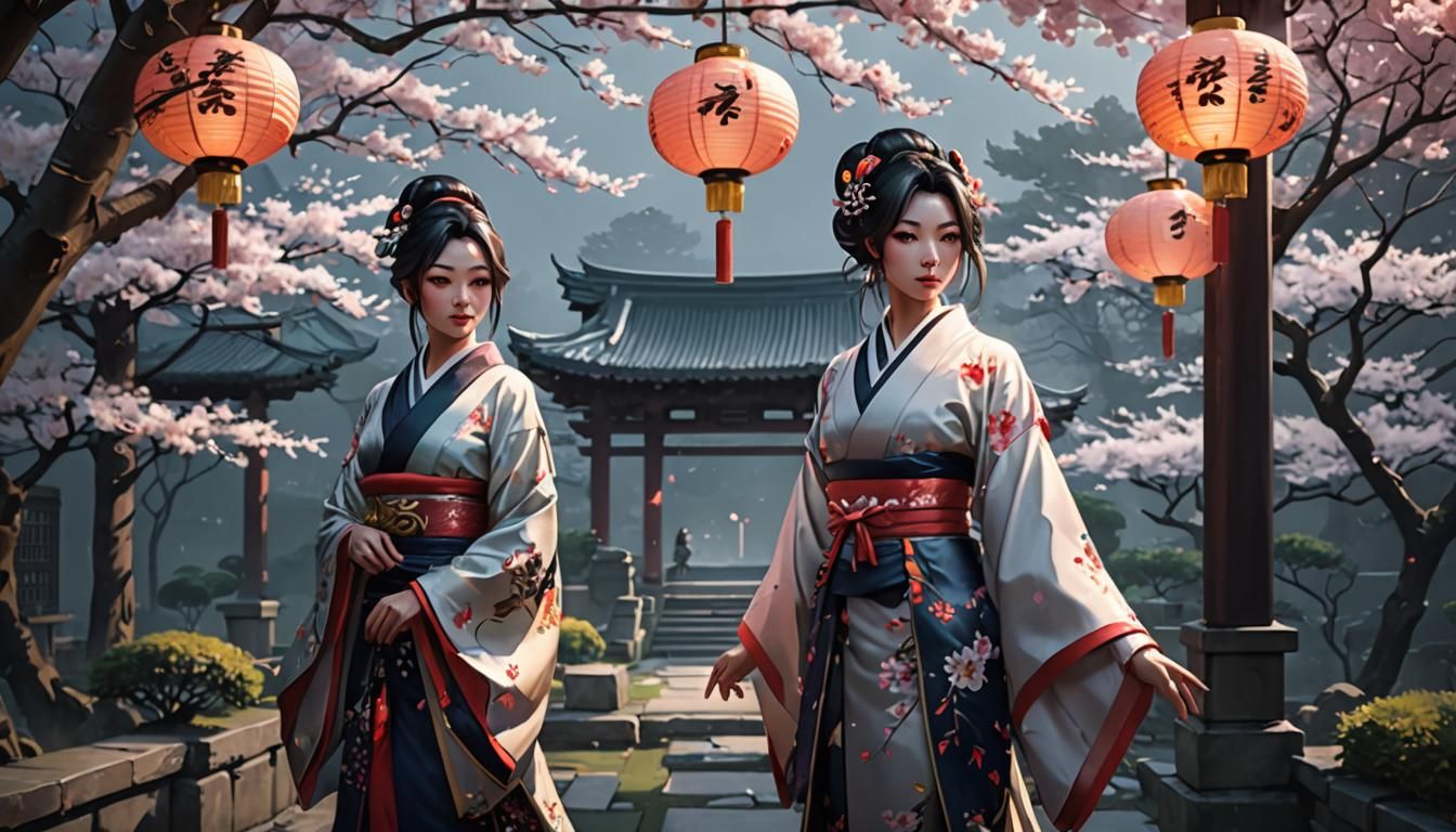 Anime Geisha Girl in Misty Garden, Digital Art