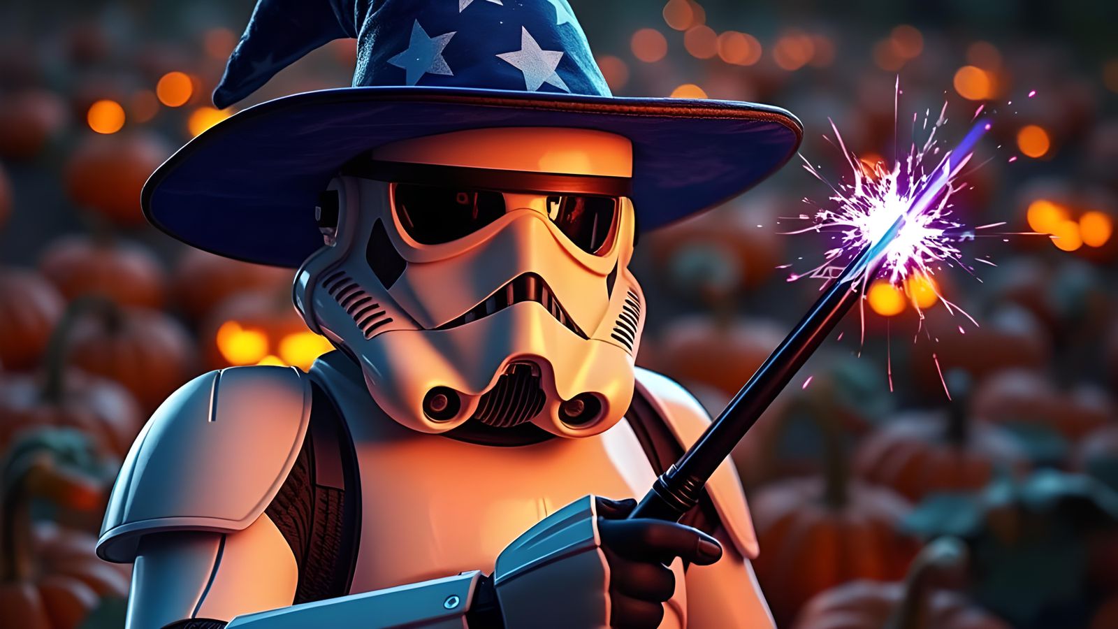 Smiling Stormtrooper Wizard in Pumpkin Patch