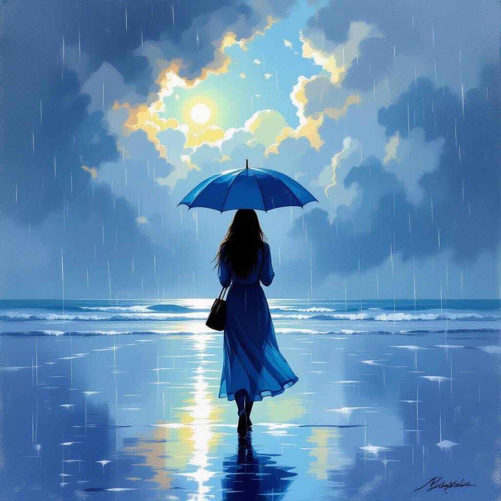 Woman with Cyan Umbrella in Raining Beach Landscape