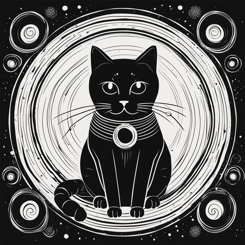 Monochrome Cat Surrounded by Rings in Void