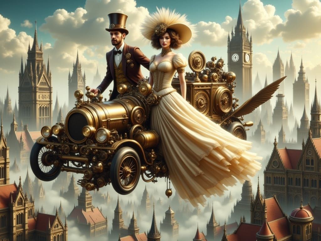 Elegant Steampunk Couple Soars Above a Victorian Cityscape