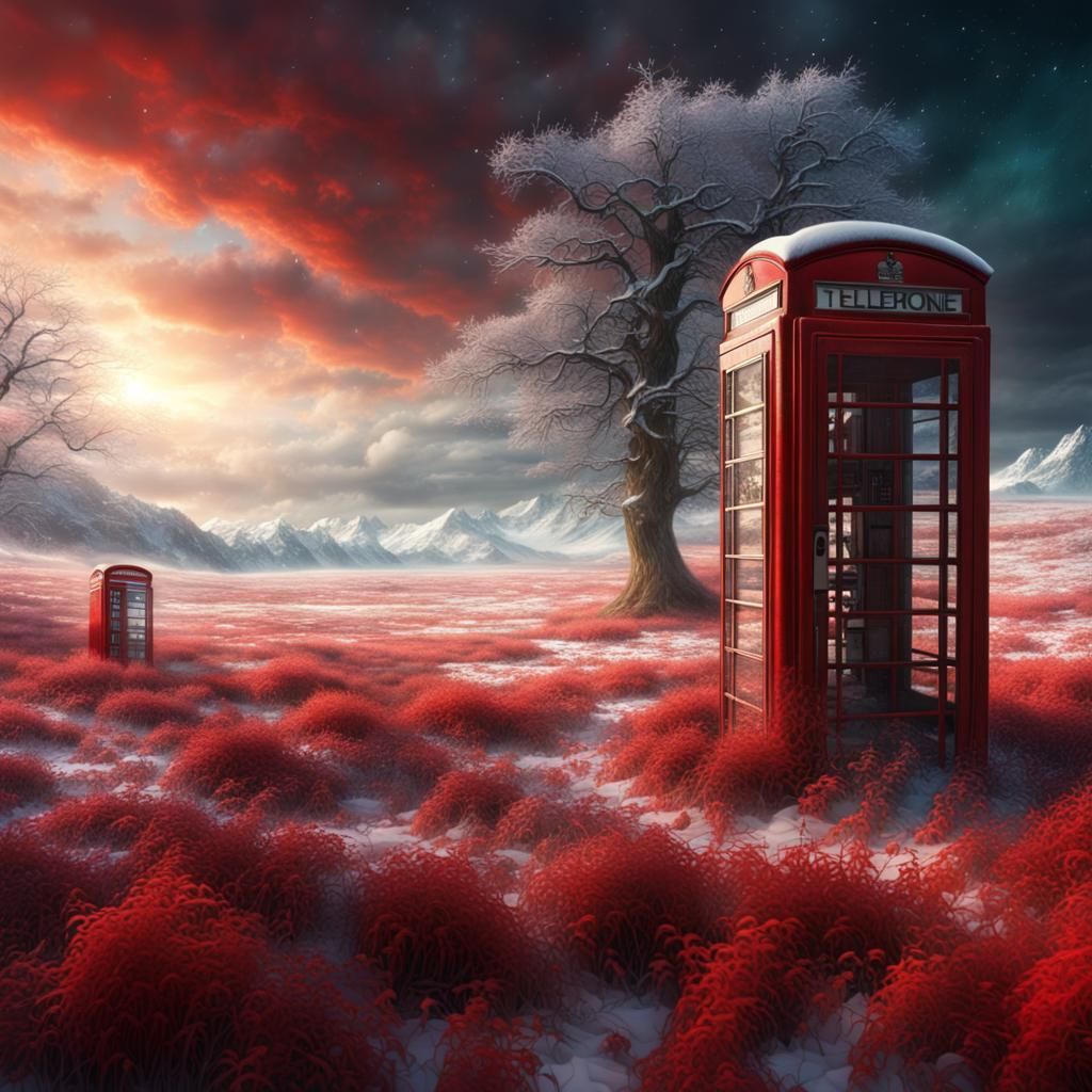 Red Telephone Box in Cosmic Alien Winter Meadow