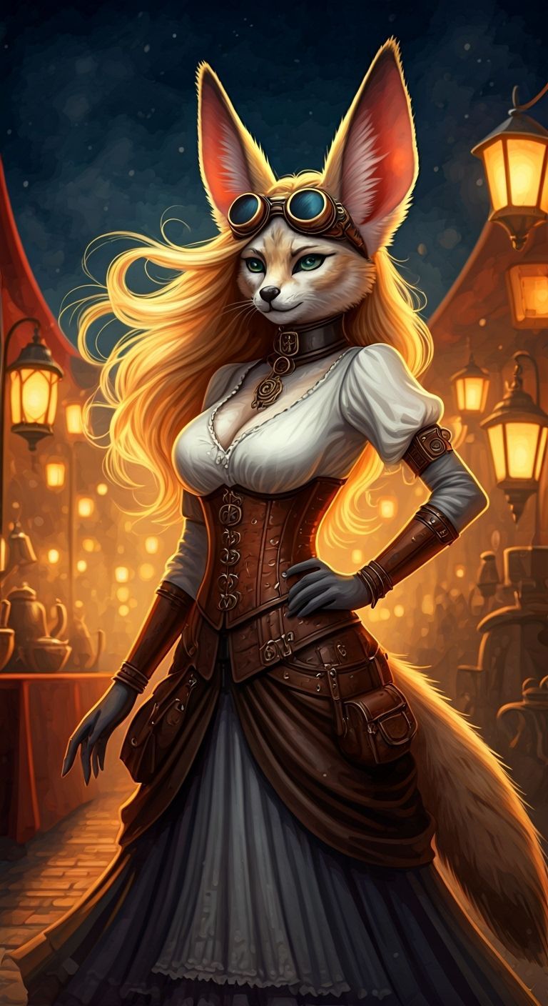 Steampunk Fennec Merchant in a Night Market