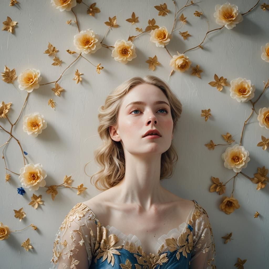 Romantic Woman in Blue Tutu with Yellow Flowers