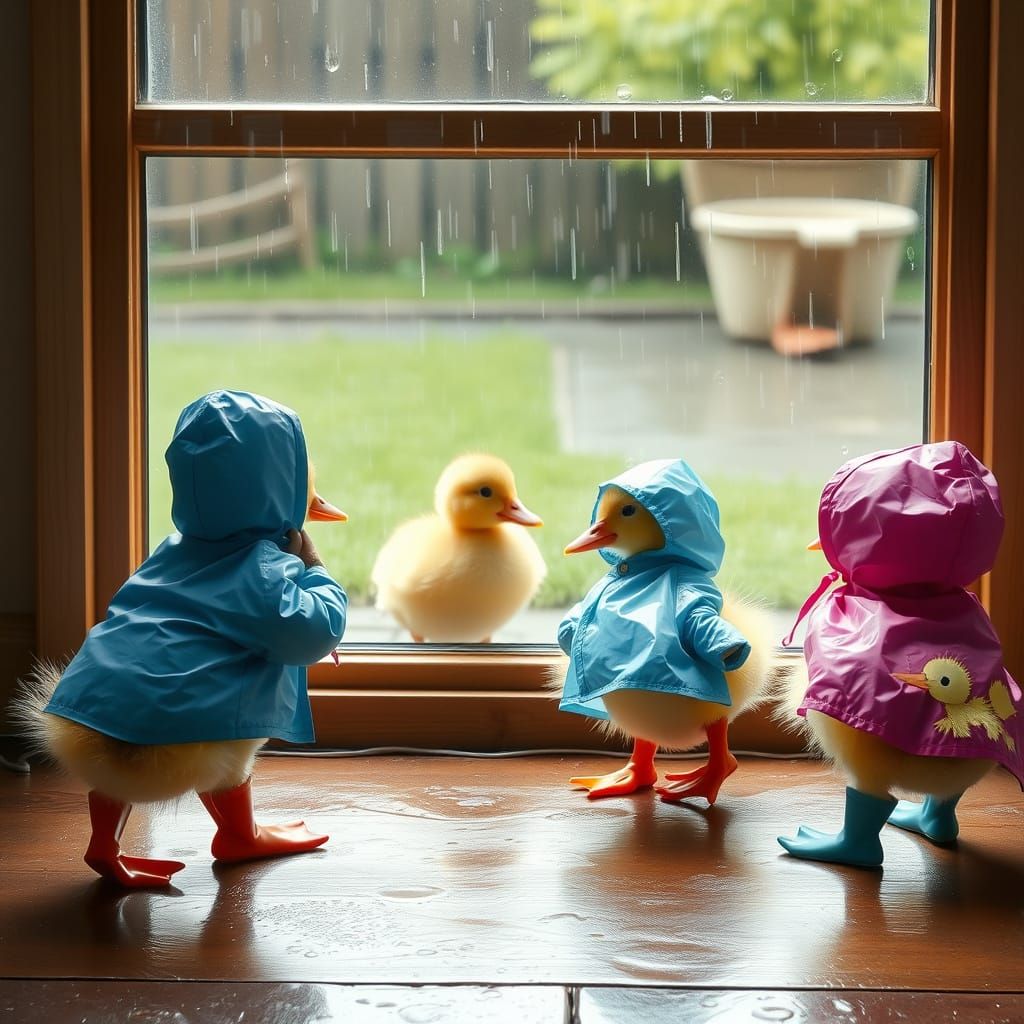 Ducklings Play in the Rain, Wearing Coats and Wellies