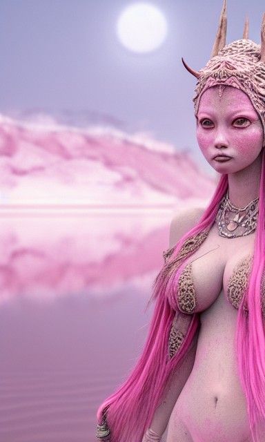 Pink Salt Goddess on Enchanting Lake, Mixed Media