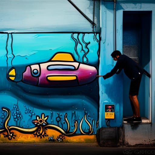 Three character painting a  {small yellow submarine with win...