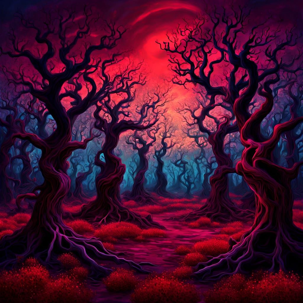 Crimson Forest Under Twilight Sky in Dreamlike Style