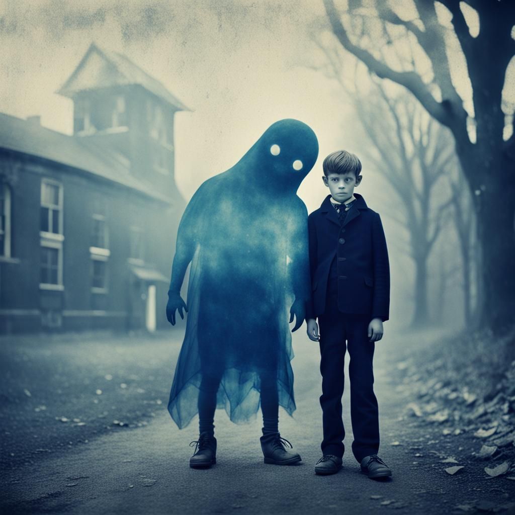 Boy and Friendly Monster at School, Cyanotype Photograph