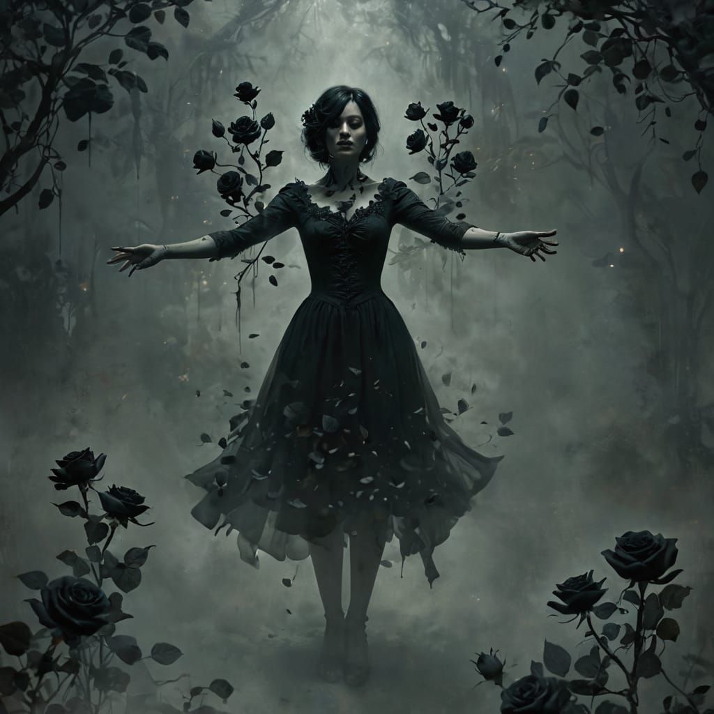Gothic Black Roses Grow From Woman's Hands