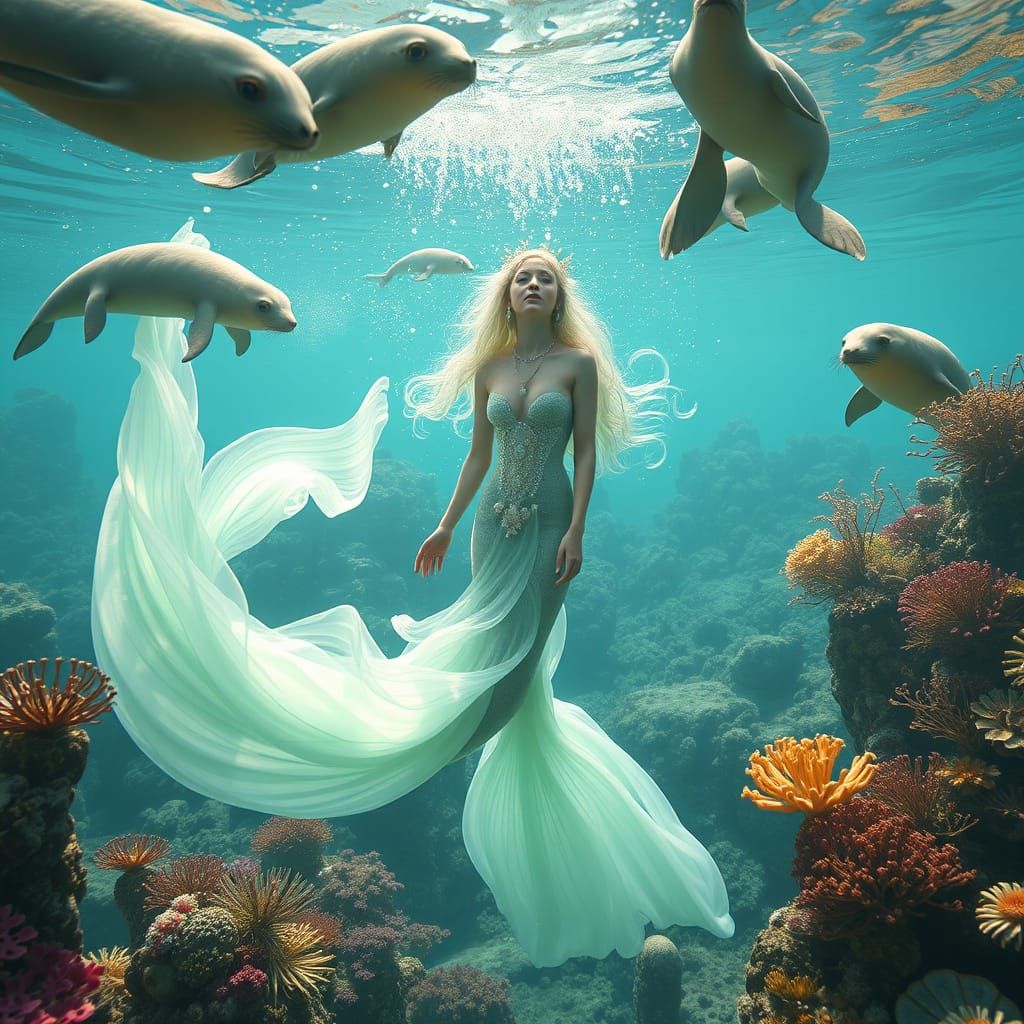 Translucent Mermaid Siren with Sealions, Dreamlike Scene
