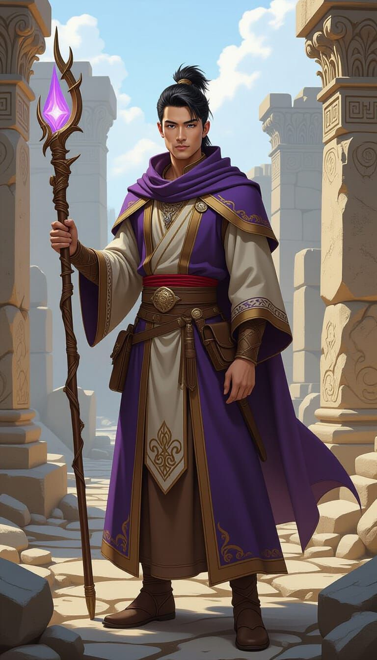 Asian Healer Wielding Staff in Ancient Ruins