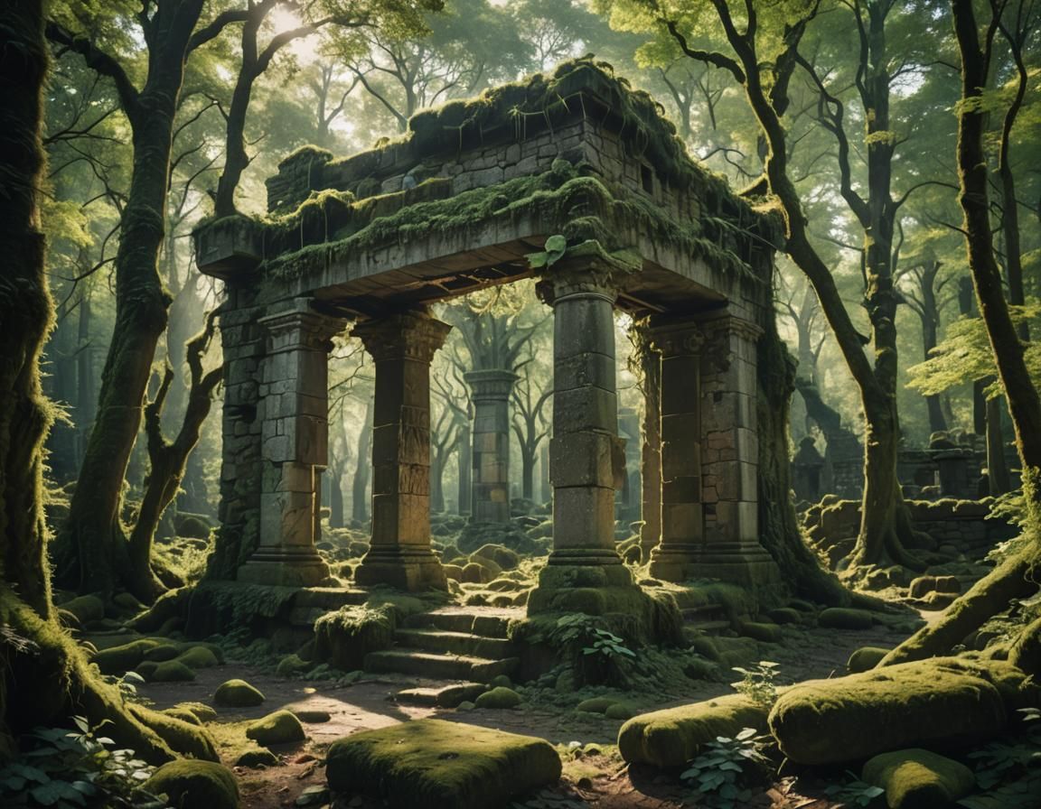 Mystical Forest Ruins in Cinematic Lighting