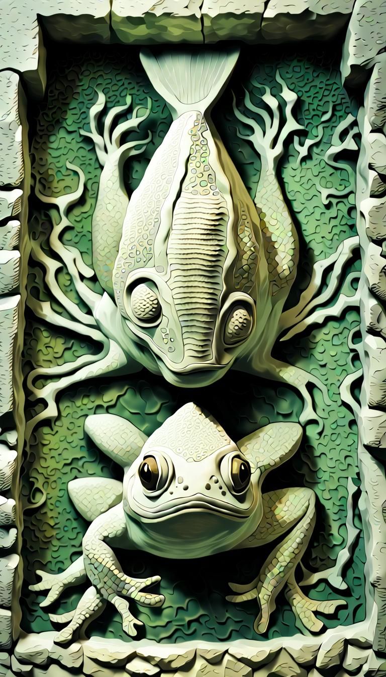 Underwater Temple Carvings: Struggle of Hybrids, Digital Art