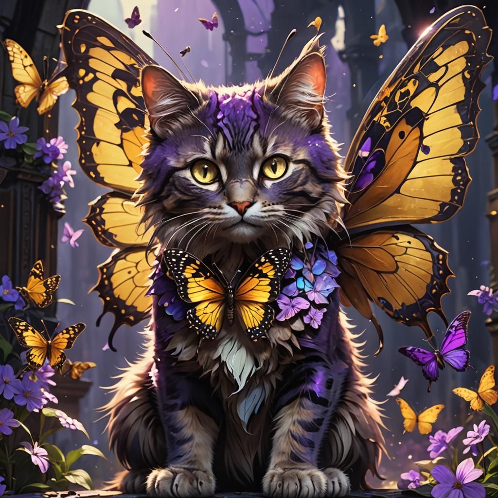 Fantasy Cat with Butterfly Wings in Dark Art Style