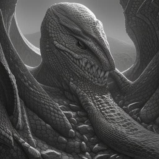 Monstrous Reptilian Figure in Stone Court