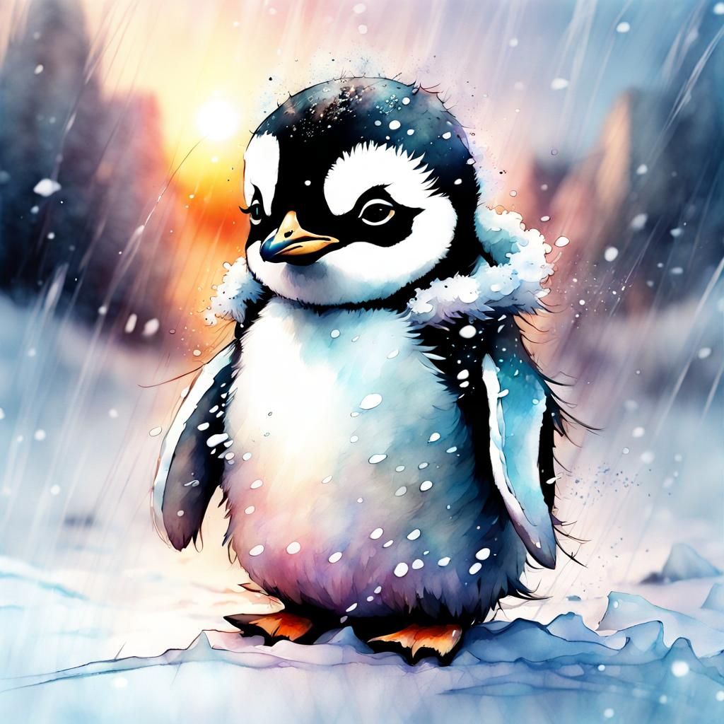 Chibi Penguin in Snowy Watercolor Sunset