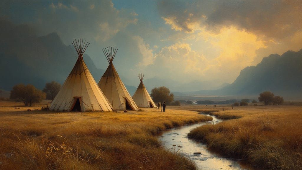 Plains Village Awakening by Creekside in Tonalist Oil Painti...