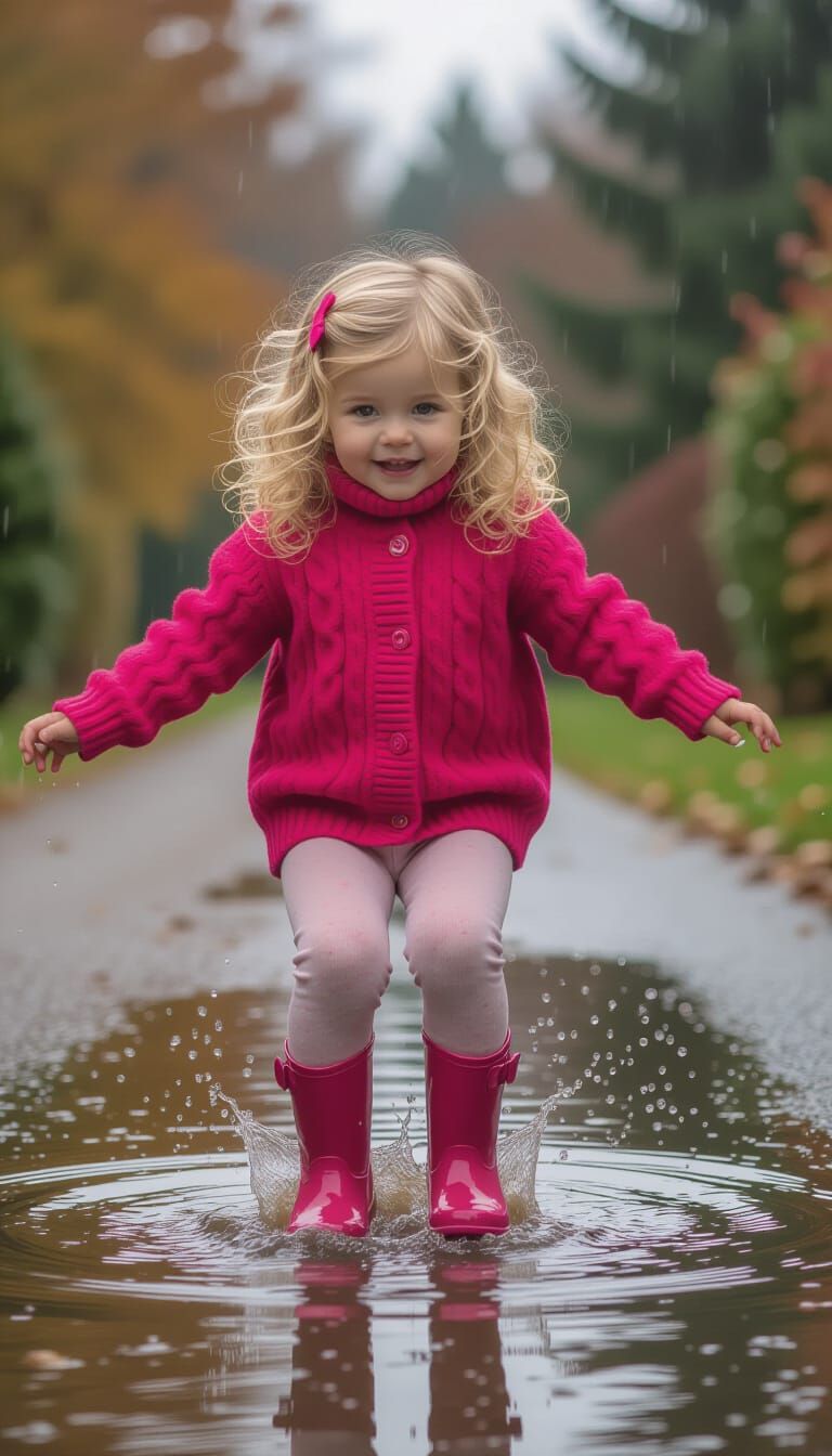 Girl in Pink Boots Plays in Rainy Puddle