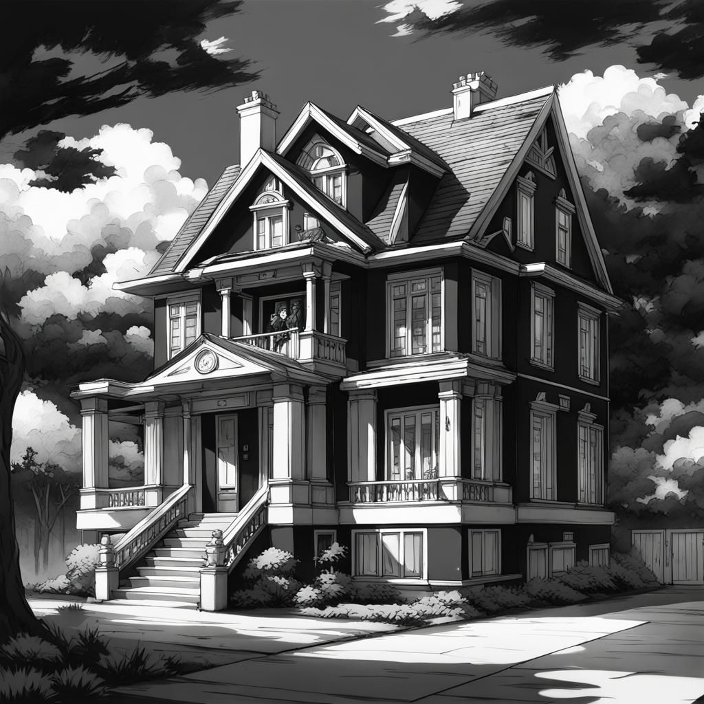 Classic Black and White Home in Anime Style
