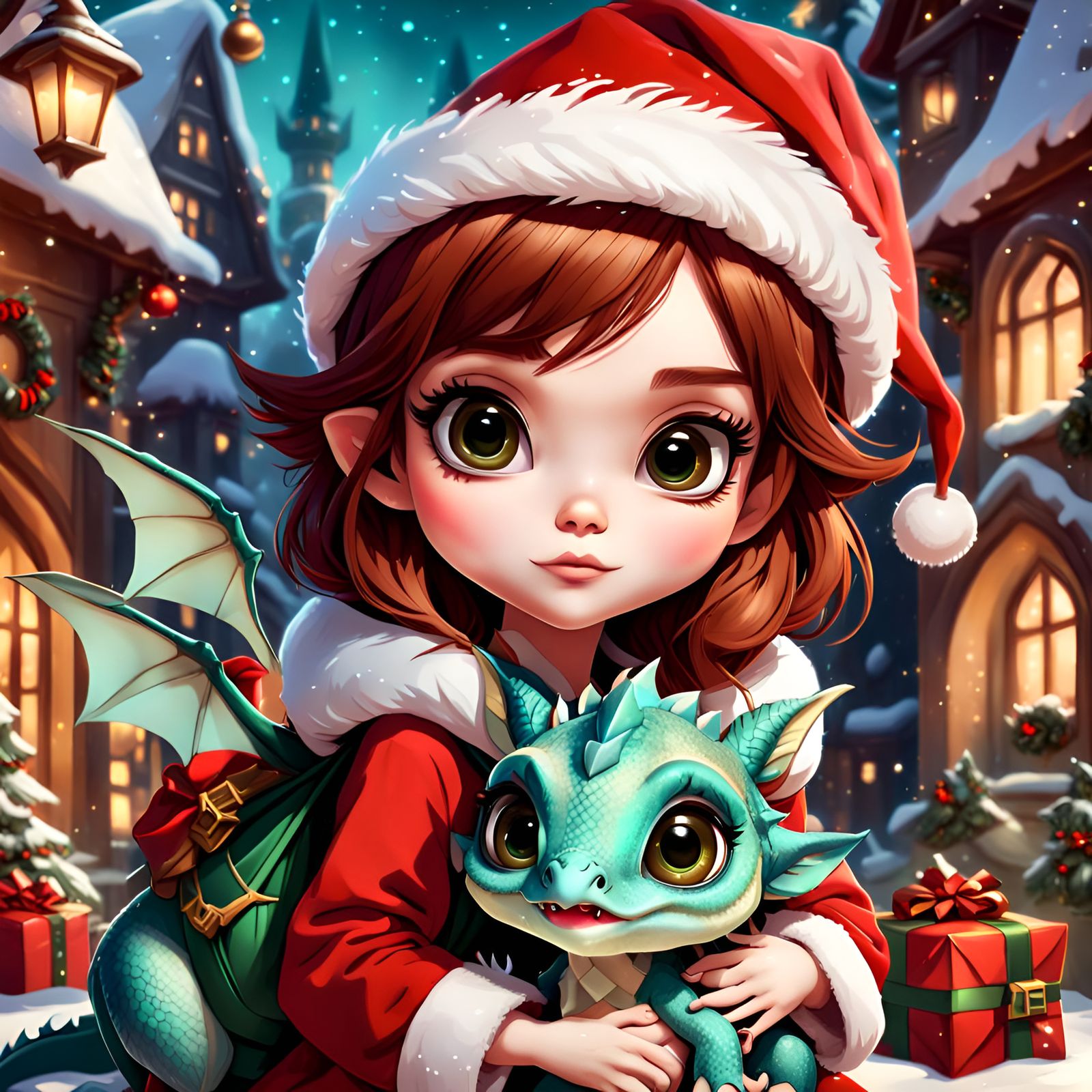 Cute Chibi Girl and Dragon in Christmas Scene