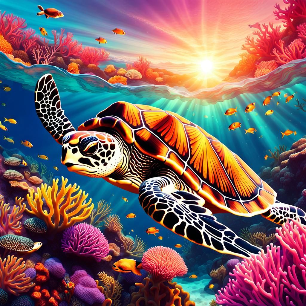 Sea Turtle Swimming Above Coral Reef in Digital Art