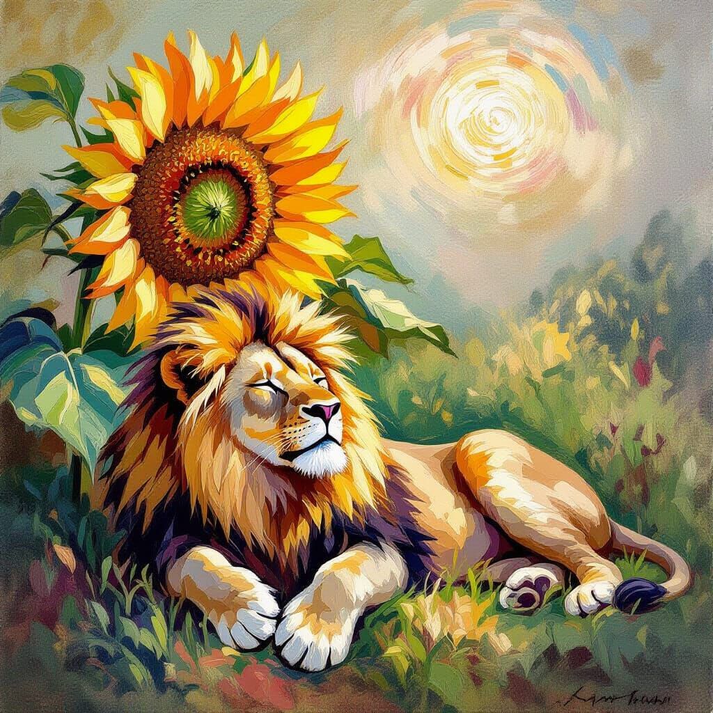 Lion Under Sunflower in Impressionist Style