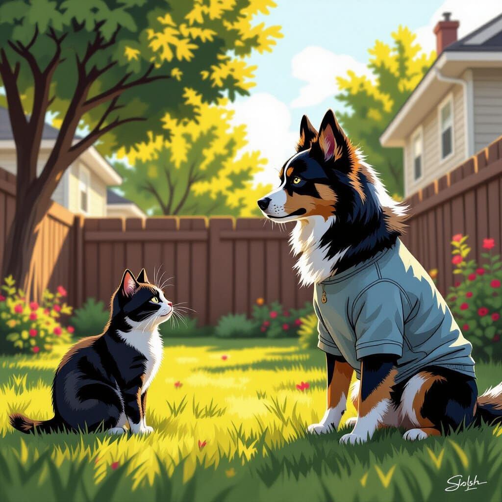 Dog Stares Down Cat in Suburban Backyard