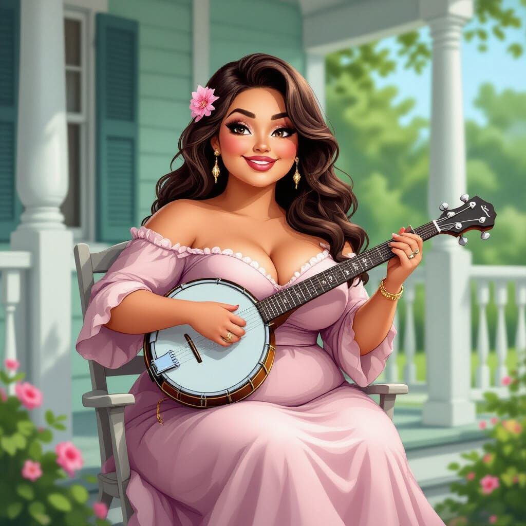 Voluptuous Woman Plays Banjo: A Porch Caricature