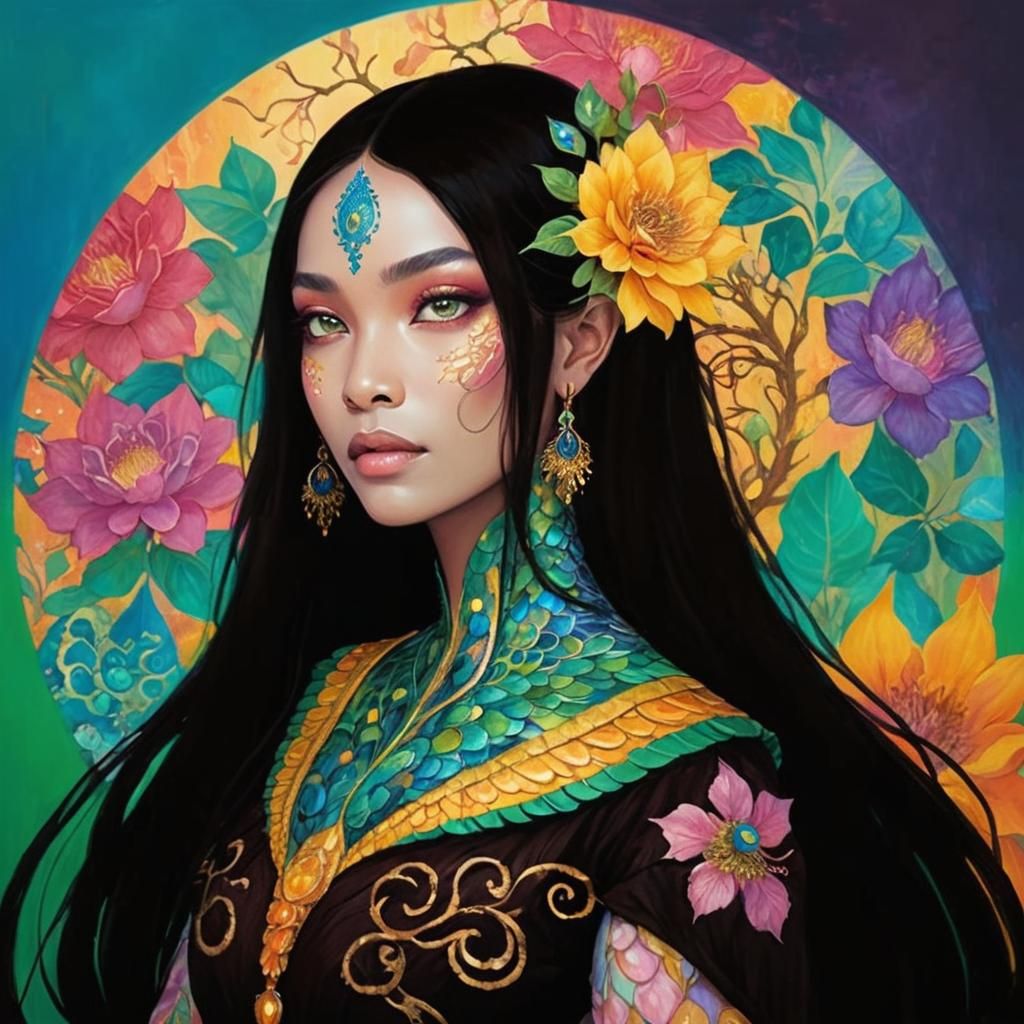 Dragon-Peacock Woman in Ethereal Fantasy Art