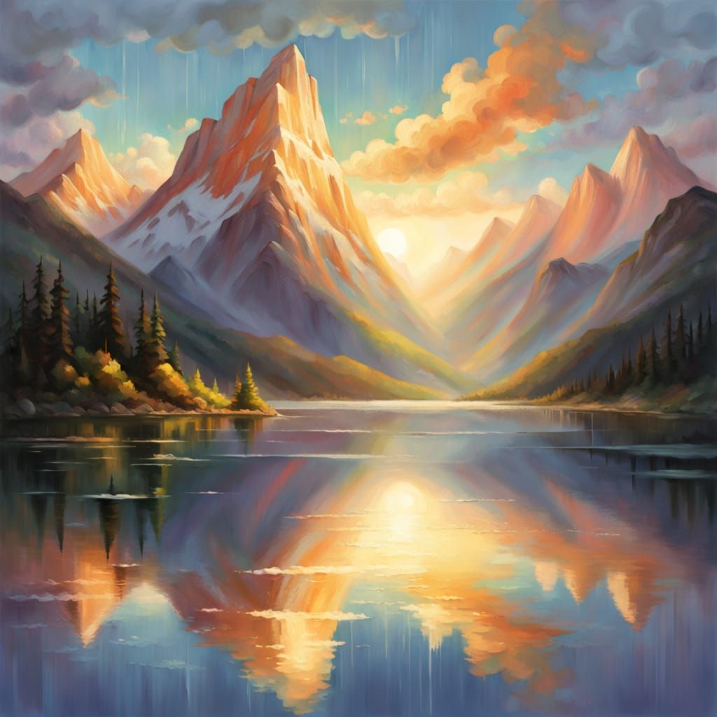 Serene Sky Lake with Rainbow Over Mountains