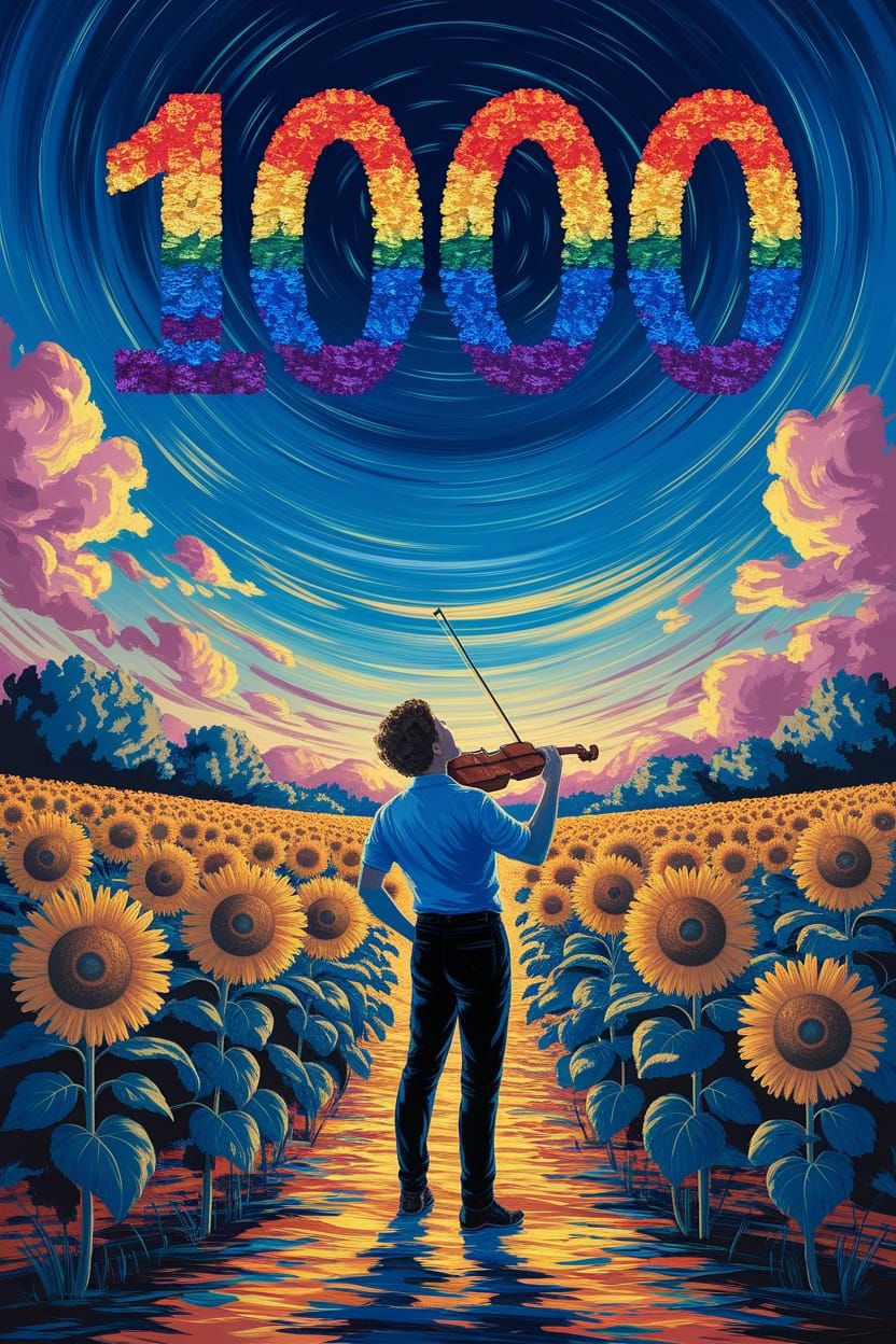 A solitary violin player stands amidst a field of sunflowers, their faces turned towards the heavens, where the number 1...