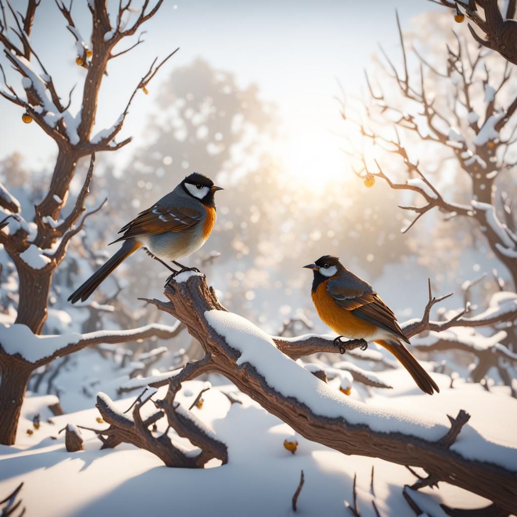Birds on Tree in Winter Morning Sunlight