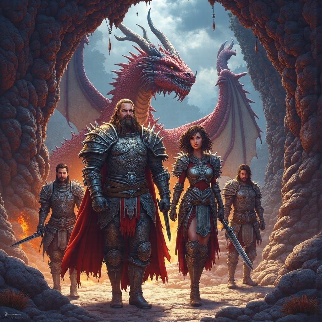 Adventurers in Dragon Lair, Rembrandt-Style Painting