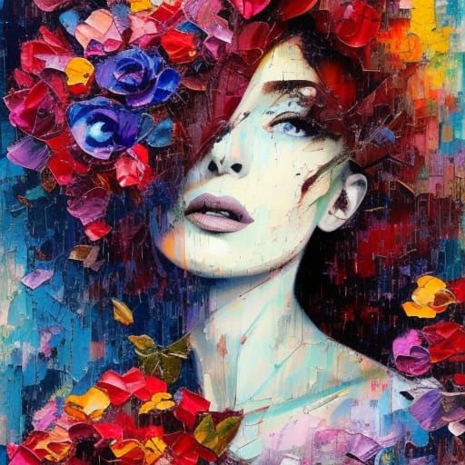 Colorful Impasto Portrait with Flowers
