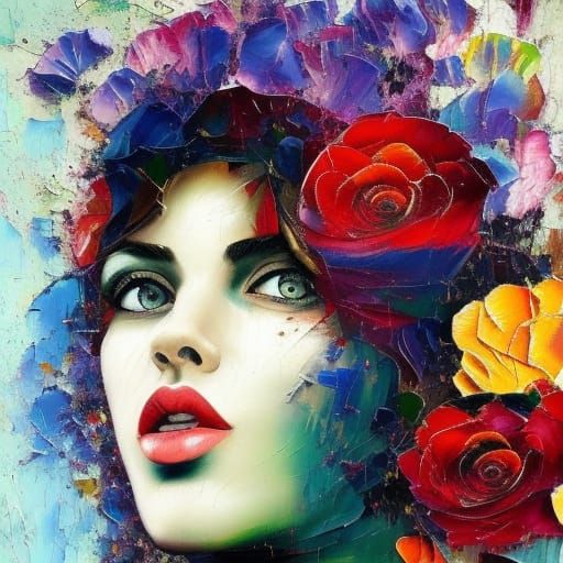 Colorful Impasto Portrait with Flowers and Flowing Hair