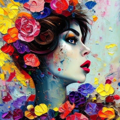 Colorful Impasto Profile Portrait with Flowers