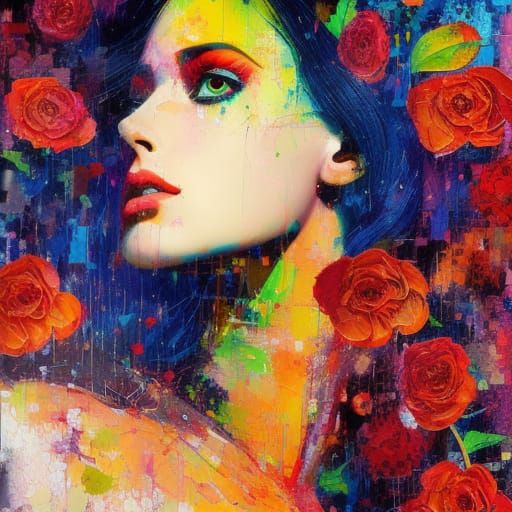 Colorful Impasto Portrait with Flowers