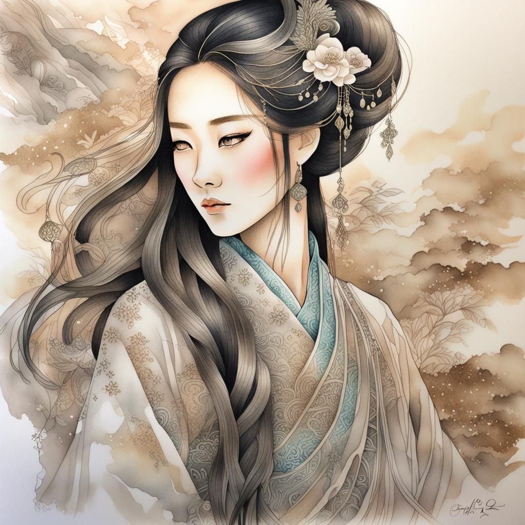 Beautiful Chinese Woman in Watercolor and Ink