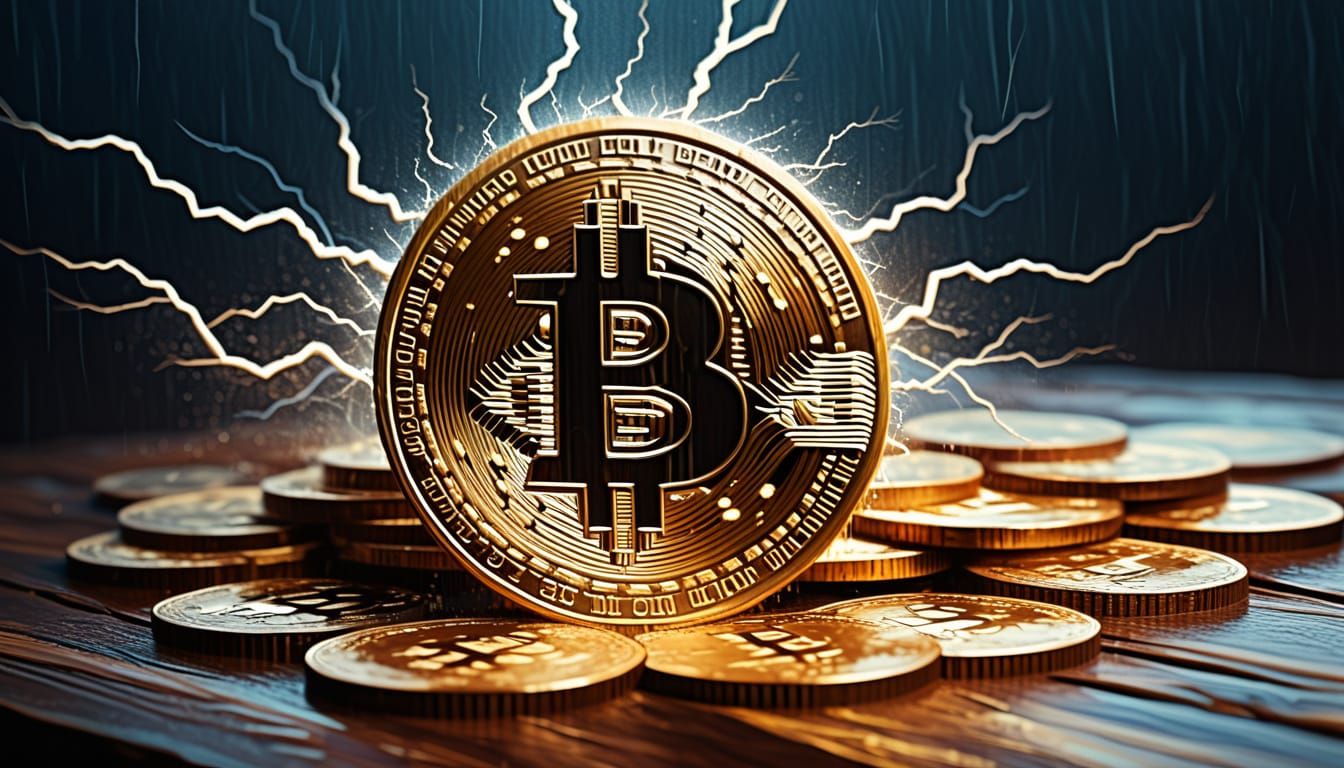 Wooden Bitcoin Coin in Storm, Leonid Afremov Style