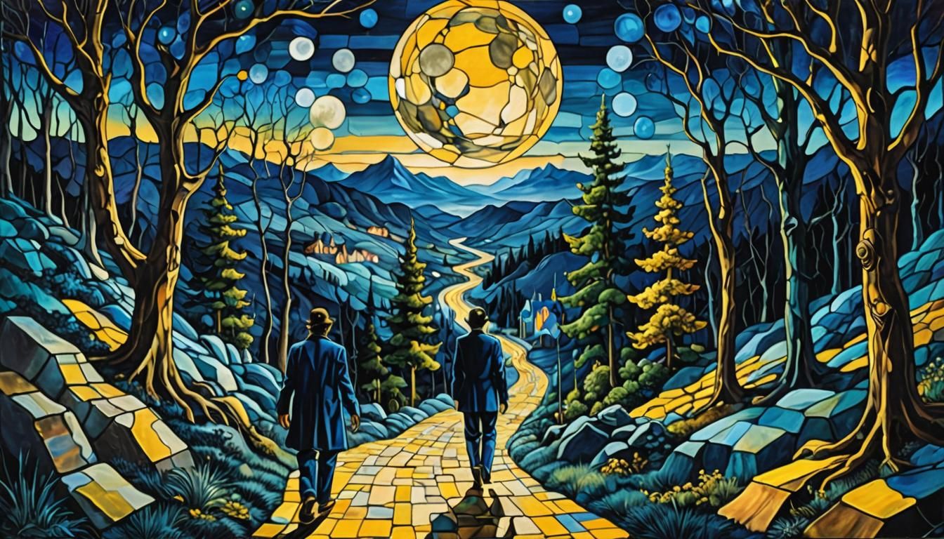 Surreal Stained Glass Forest with Yellow Brick Road